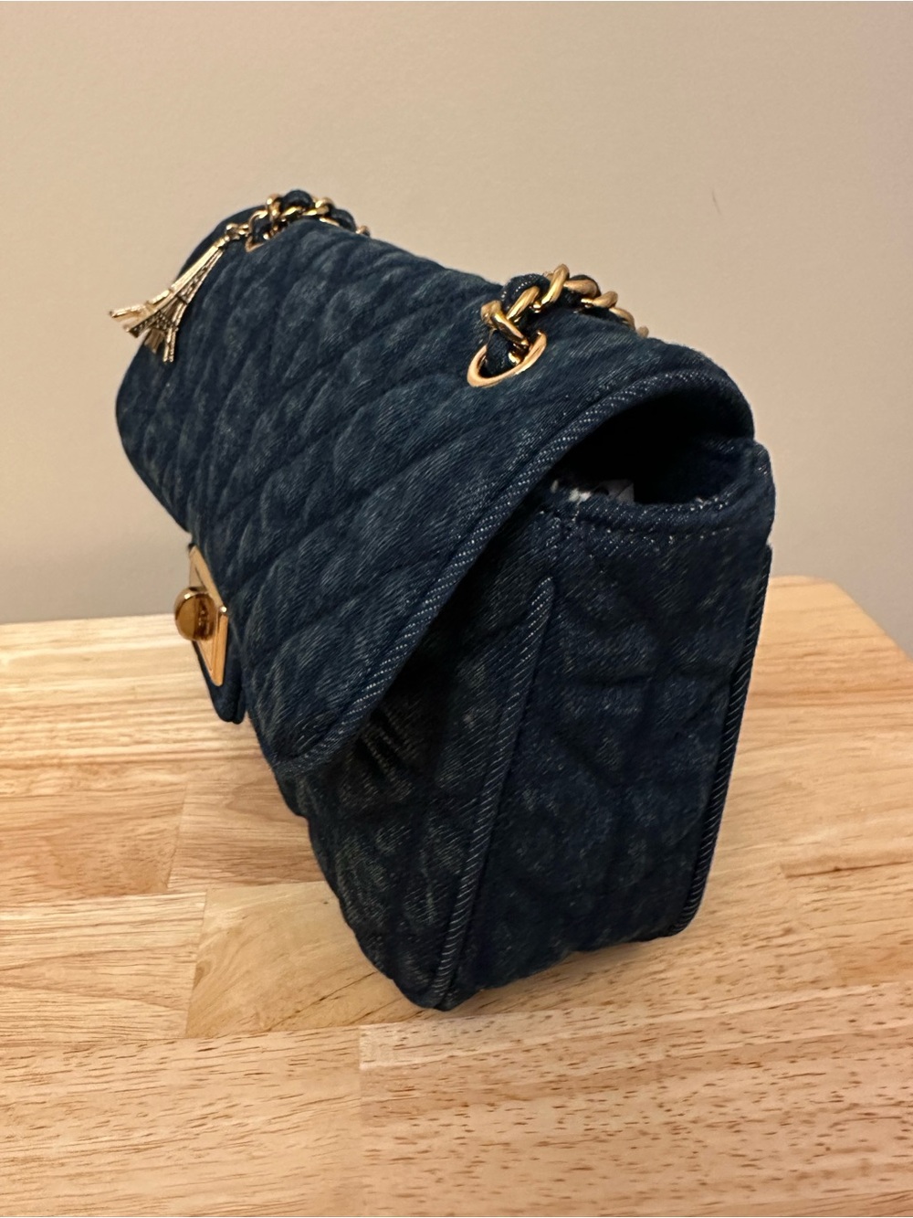 Karl Lagerfeld Quilted Blue Denim Chain Shoulder Bag with Eiffel Charm - Picture 10 of 16